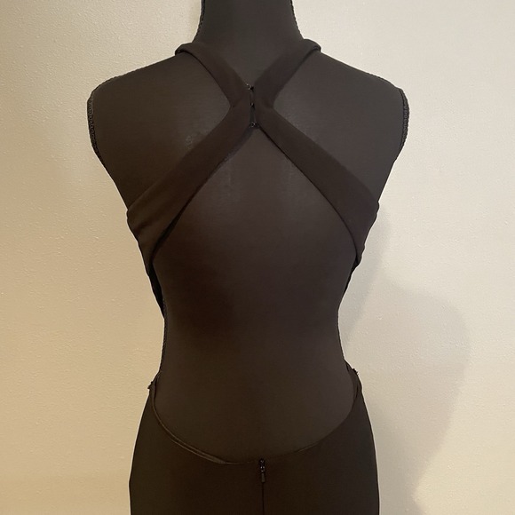 Rachel Allan Black Beaded Halter Prom‎ Dress - Size 8 Form Fitting High Slit - Picture 4 of 9